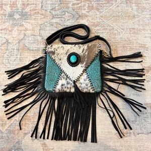 Turquoise Accent Cowhide Tooled Fringe Crossbody Bag